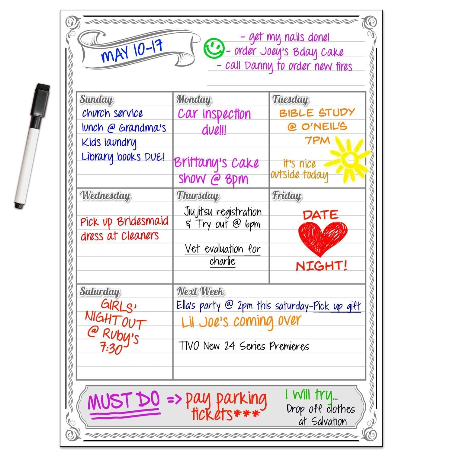 Smart Planner Dry Erase Vertical Weekly Magnet Board with Free Dry Erase Marker by White Background | Magnetic Family Calendar Weekly Planner + Pen
