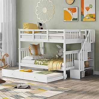 Harper & Bright Designs Full Over Full Bunk Bed with Stairs and Trundle, Wooden Bunk Bed Frame with Storage, for Kids Teens Adults - White