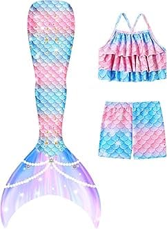 Girls Mermaid Bathing Suit 3PCS Cute Ruffle Tankini Swimsuits with Boyshort Fish Tail Kids Beach Swimwear 3-11Y