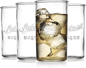 Glaver's Drinking Glasses – Set of 4 Authentic Mason Vintage Glassware – Clear Glass Tumblers for Cocktails, Water, Juice – Embossed Vintage Drinking Glasses (Highball 18 oz 7983)