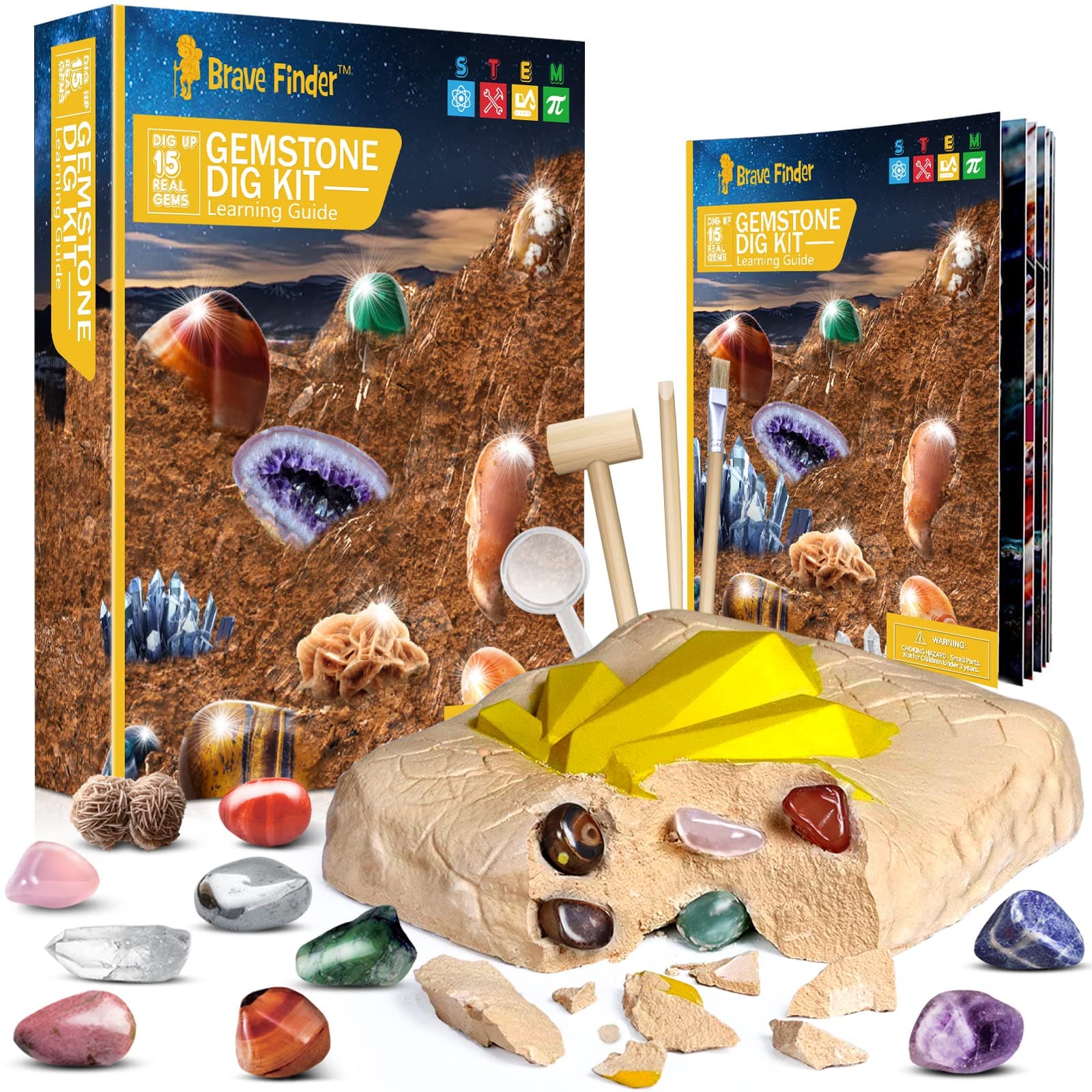 15Pcs Gemstone Kit, STEM Educational DIY Toys Science Dig Kit, Dig Up 15 Unique Gemstones, Rock Digging Kit for Kids, Archaeology- Best Gifts for Boys Girls Kid Toys