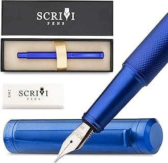 SCRIVI PENS Luxury Fountain Pen Set-[Blue] Fountain Pens for Writing - Smooth Extra Fine Nib - Includes Refillable Ink Converter, 5 Ink Cartridges [Black & Blue], Gift Box - Elegant Calligraphy