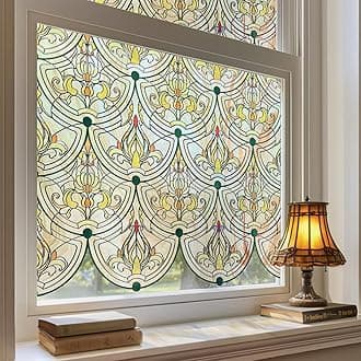 3D Stained Glass Window Film, Decorative Window Privacy Film for Bathroom,Front Door,Home, Sun Blocking Heat Control,Static Cling, Golden Ironwork 35.4inch x 78.7inch