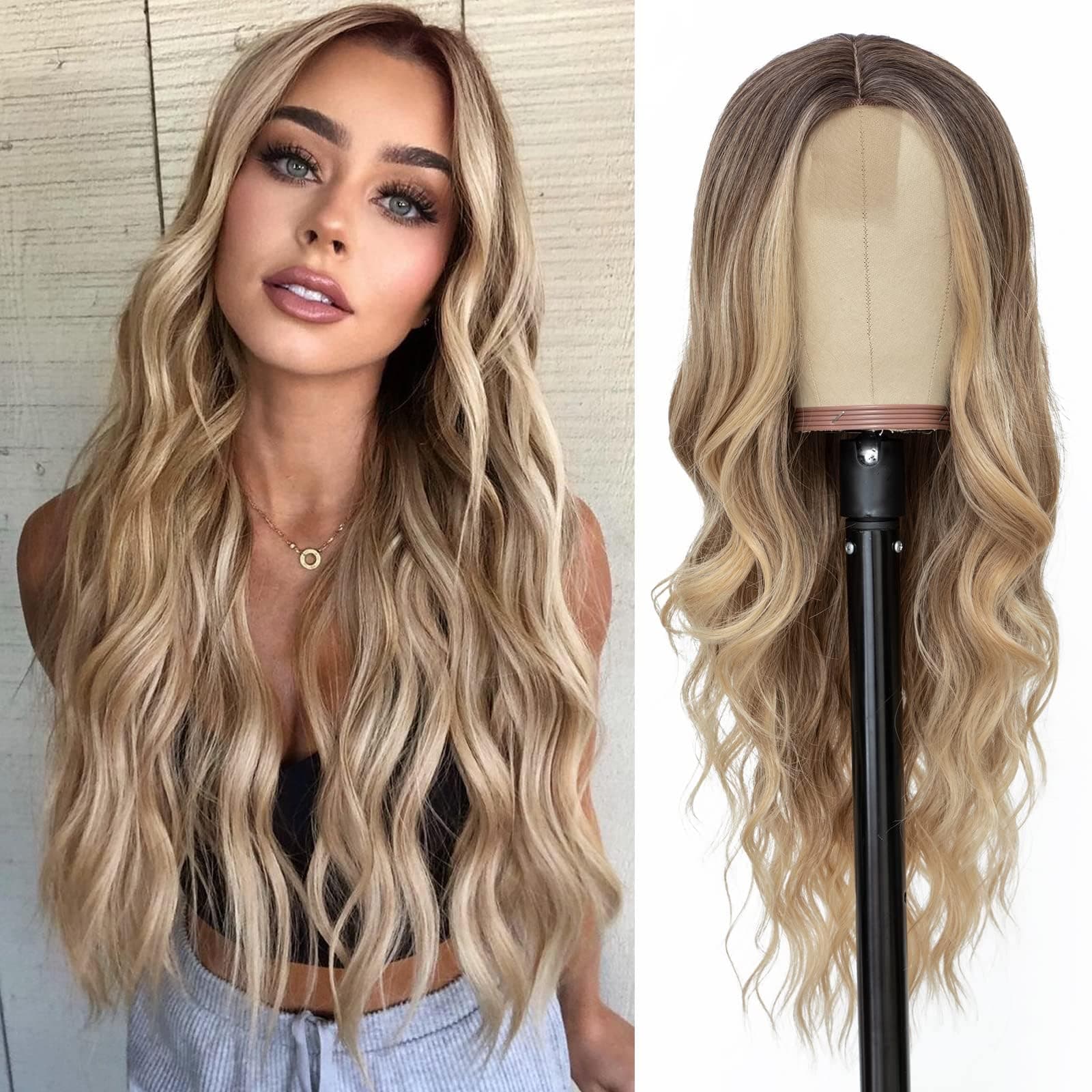 NAYOO Long Ombre Blonde Wavy Wig for Women 26 Inch Middle Part Curly Wavy Wig Natural Looking Synthetic Heat Resistant Fiber Wig for Daily Party Use (Ombre Blonde)
