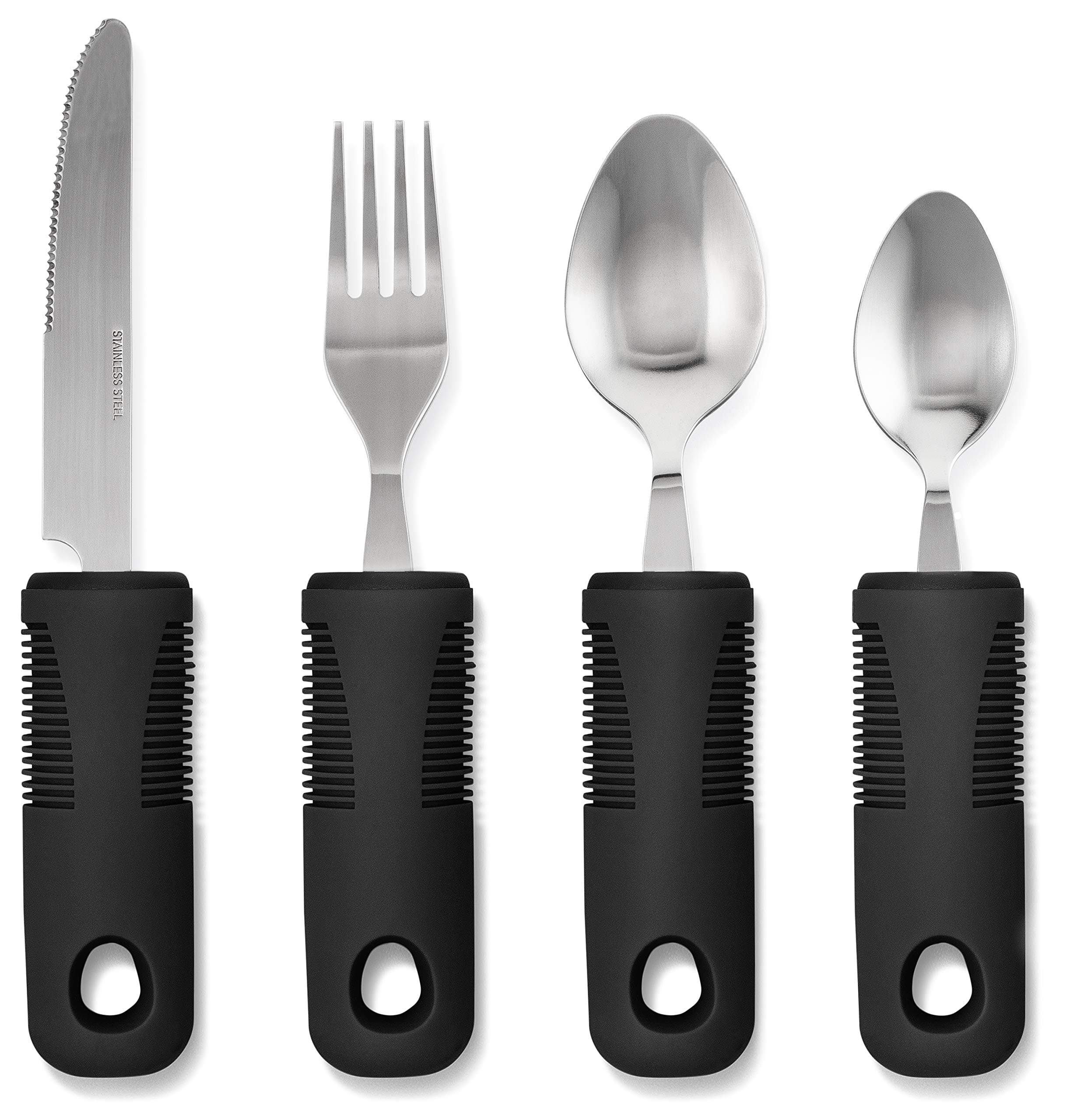 Adaptive Utensils (4-Piece Kitchen Set) Wide, Non-Weighted, Non-Slip Handles for Hand Tremors, Arthritis, Parkinson’s or Elderly use | Stainless Steel Knife, Fork, Spoons (Black - 1 Set)