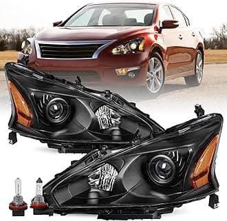 Headlight Assembly Compatible with 2013 2014 2015 Nissan Altima 4-Door Sedan Halogen Headlamps 13 14 15 Altima 4Dr Black Housing Amber Reflector Driver & Passenger Side Bulbs Included