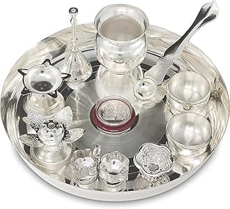 Silver Plated Pooja thali Set with 8 Inch Plate Kalash Bowl Agarbatti Stand Palli Diya Kumkum Stand Coin Ghanti Puja Thali for Diwali Home Mandir Office Wedding Return Gift Items