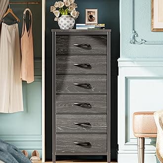 Huuger 6 Drawer Dresser for Bedroom, Tall Dresser & Chests of Drawers, Fabric Dresser for Closet, Bedroom, Night Stand, End Table with Metal Frame, Storage Tower, Charcoal Black Wood Grain Print