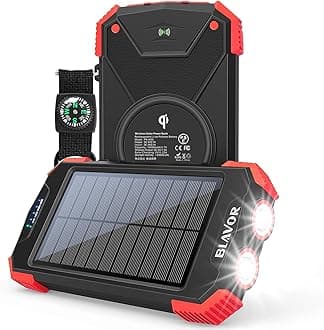 Solar Power Bank, Qi Portable Charger 10,000mAh External Battery Pack Type C Input Port Dual Flashlight, Compass Splashproof, Dustproof, Shockproof, Solar Panel Charging