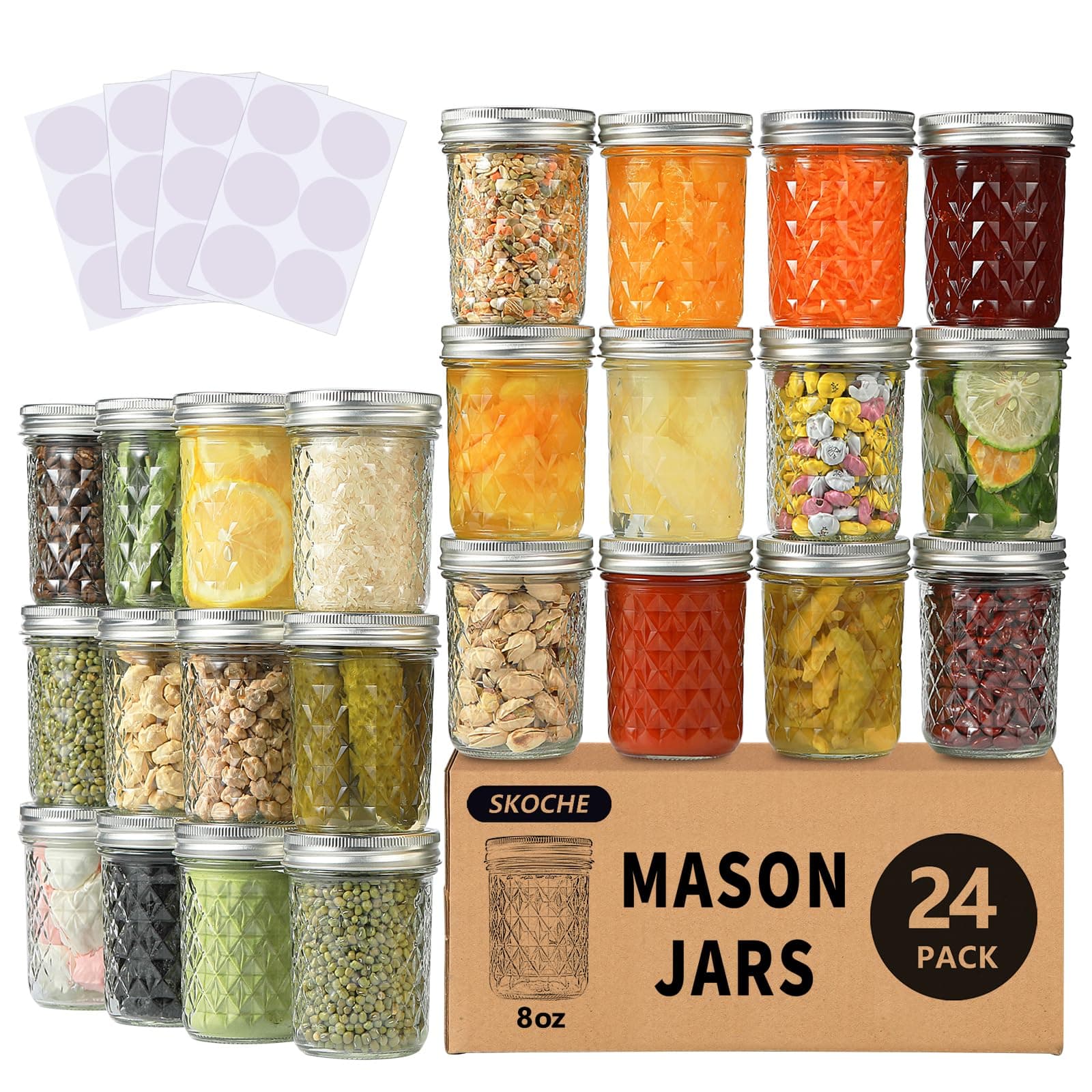 SKOCHE Mason Jars 8 oz 24 Pack Half Pint Canning Jars with Regular Airtight Lids and Bands, Small 8oz Glass Jars with Lids, Ideal for Fermenting, Pickling, DIY Decors, Fruit Preserves, Jam, Jelly