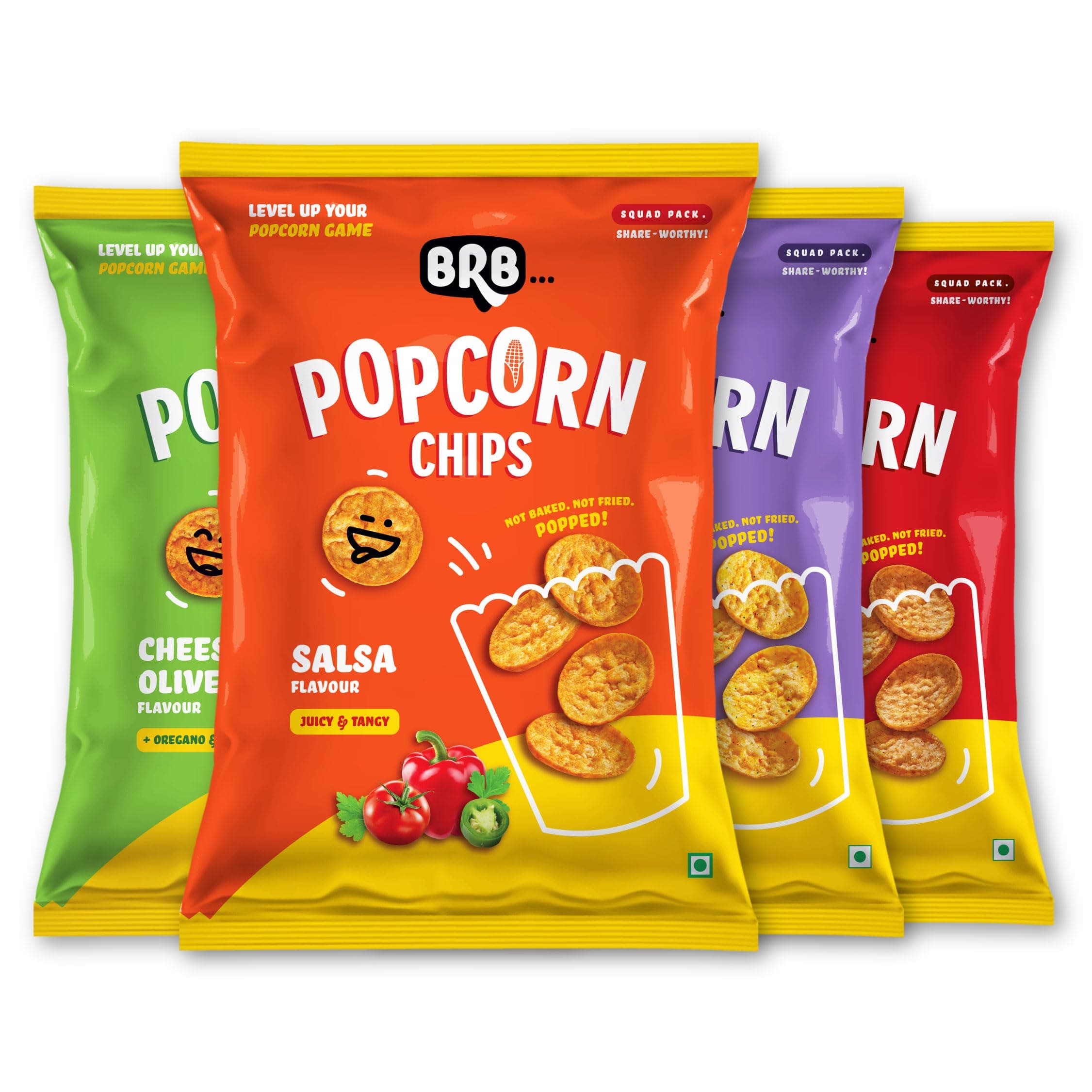 BRB Corn Popped Chips - 4 Flavours | Not Fried. Not Baked | 30% Less Oil, No Palm Oil, Healthy Snack | 4 x (48g/ 51g) Combo Pack (weight may vary)
