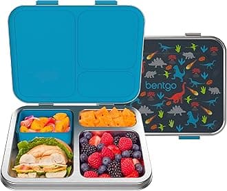 Bentgo® Kids Stainless Steel Prints Leak-Resistant Lunch Box - New Improved 2022 Bento-Style with Updated Latches, 3 Compartments & Bonus Container - Eco-Friendly, Dishwasher Safe, BPA-Free (Dinosaur)