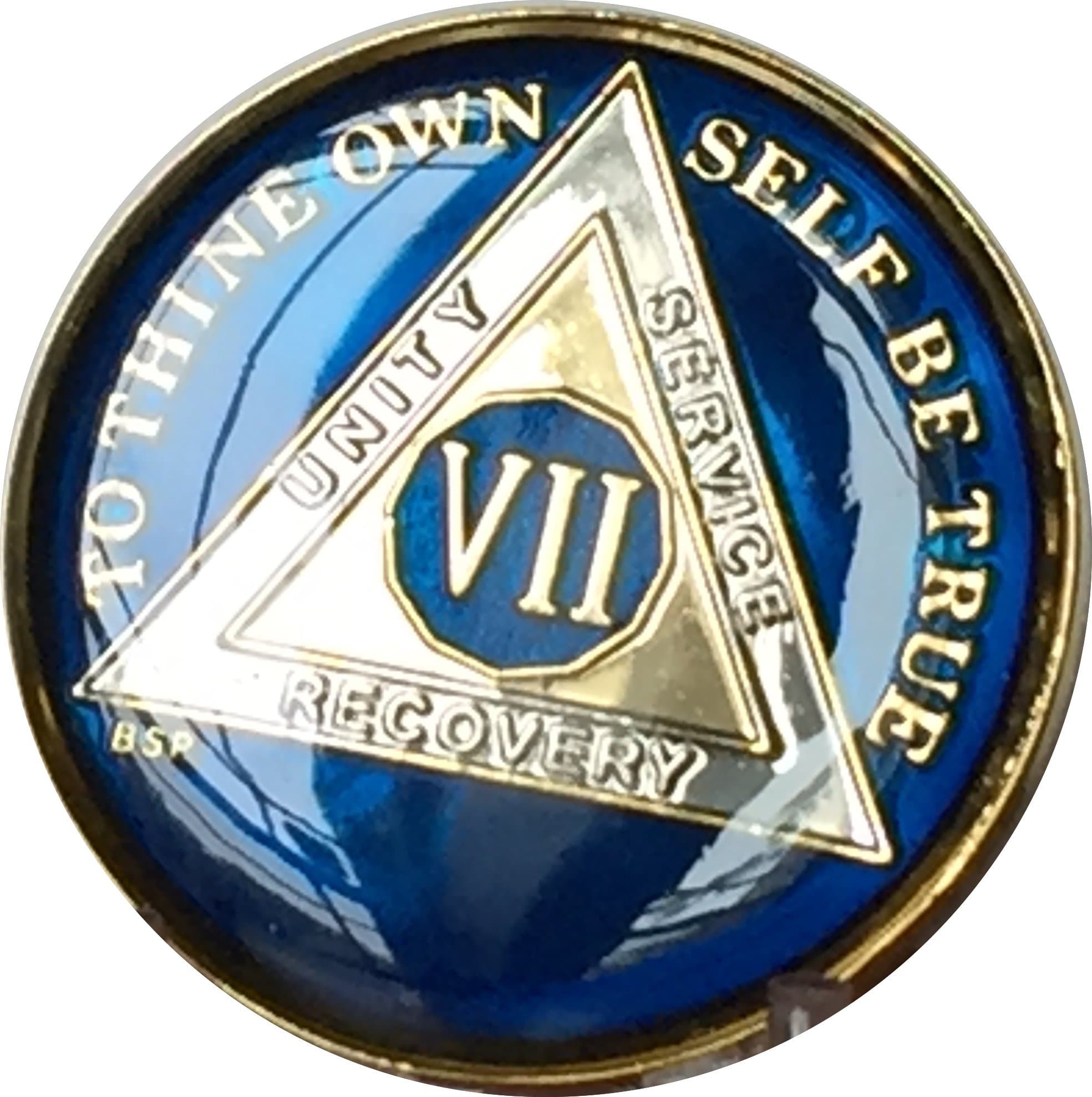 7 Year Midnight Blue AA Alcoholics Anonymous Medallion Chip Tri Plate Gold & Nickel Plated Serenity Prayer