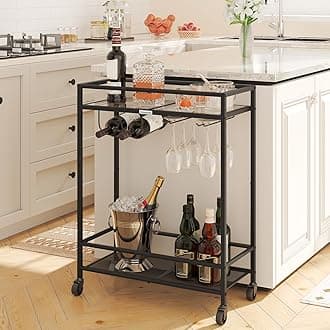 Bar Cart, Serving Cart for Home, Beverage Cart with Wine Rack and Glass Holder, 2-Tier Drink Cart on Wheels, Rolling Kitchen Cart for Bar, Kitchen, Dining Room, Black RCH63B01