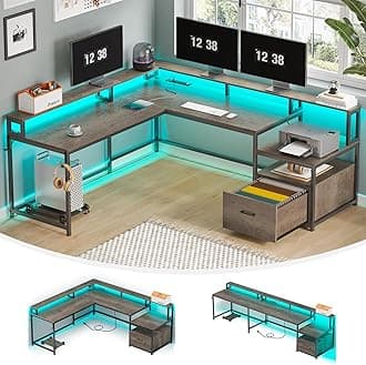 SEDETA L Shaped Desk, 66" Home Office Desk with Wood File Drawer, Power Outlet, Corner Computer Desk with Monitor Shelf, Printer Storage Shelves, Gaming Desk with Led Lights, Two Person Desk, Walnut