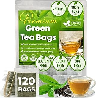 FreshDrinkUS, Premium 120 Green Tea Bags, 100% Natural & Pure from Green Tea. Green Herbal Tea. Made with Natural Material Tea Bags. No Sugar, No Gluten, Vegan