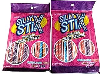 DM Sweets Sour Stuffed Candy Straws - 5.5 Oz Cherry Grape Powder Candy Straws with Sour Tropical Punch