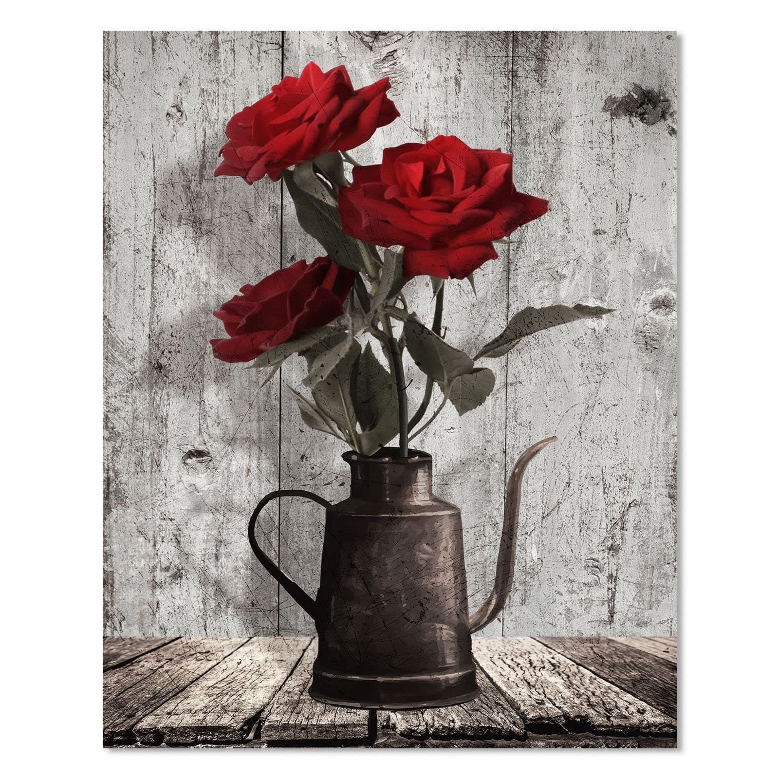 Red Rose Canvas Wall Art: Rustic Black White Flower Framed Bedroom Decor - Vintage Vase Picture Home Decoration Farmhouse Print Artwork for Living Room Kitchen 12" x 15"