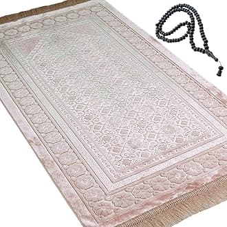 Modefa Velvet Prayer Rug with Prayer Beads Turkish Janamaz Sajadah Floral Stamp Luxury Plush (Light Pink)