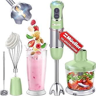 Mueller Multistick 800W 5-in-1 Immersion Blender Handheld, 12 Speed Hand Mixer - Turbo Boost, Heaviest Duty Copper Motor, Titanium Blades Hand Blender, Milk Frother Wand, Green Kitchen Accessories