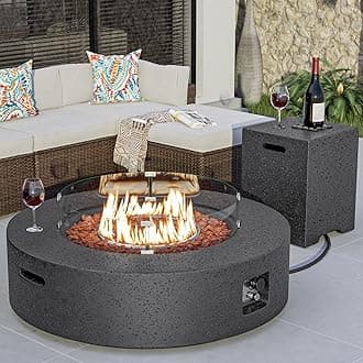 42 inch Outdoor Propane Fire Pit Coffee Table w Concrete Round Base Patio Heater, Certified, 50,000 BTU Stainless Steel Burner, Free Lava Rocks, Rain Cover, Wind Guard, Tank Cover, Gray