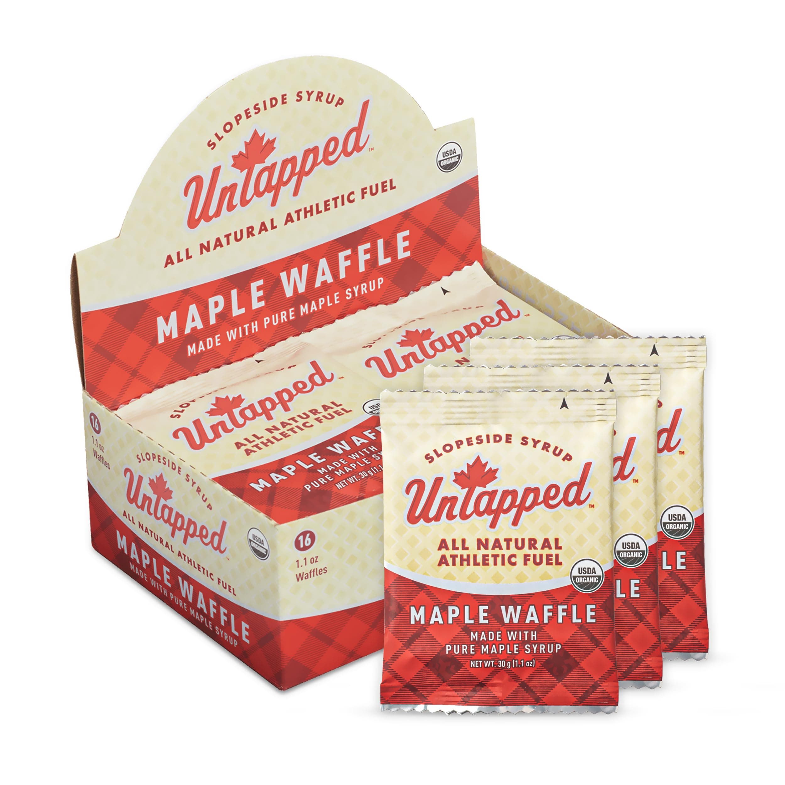 Maple Organic Waffles 1.1 oz Each, Box of 16 - Endurance Sports Snacks Sweetened with Real Maple Syrup and Maple Sugar | Vegan & Real Food Waffles | Ideal for Athletic Performance