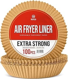 WAVELU Air Fryer Disposable Parchment Paper Liners | EXTRA STRONG | 100pcs | Food Grade Non-stick Unbleached Liners | Oil & Waterproof Sheets for Air Frying, Baking & Microwave (ROUND 6.3IN (3-5QT))