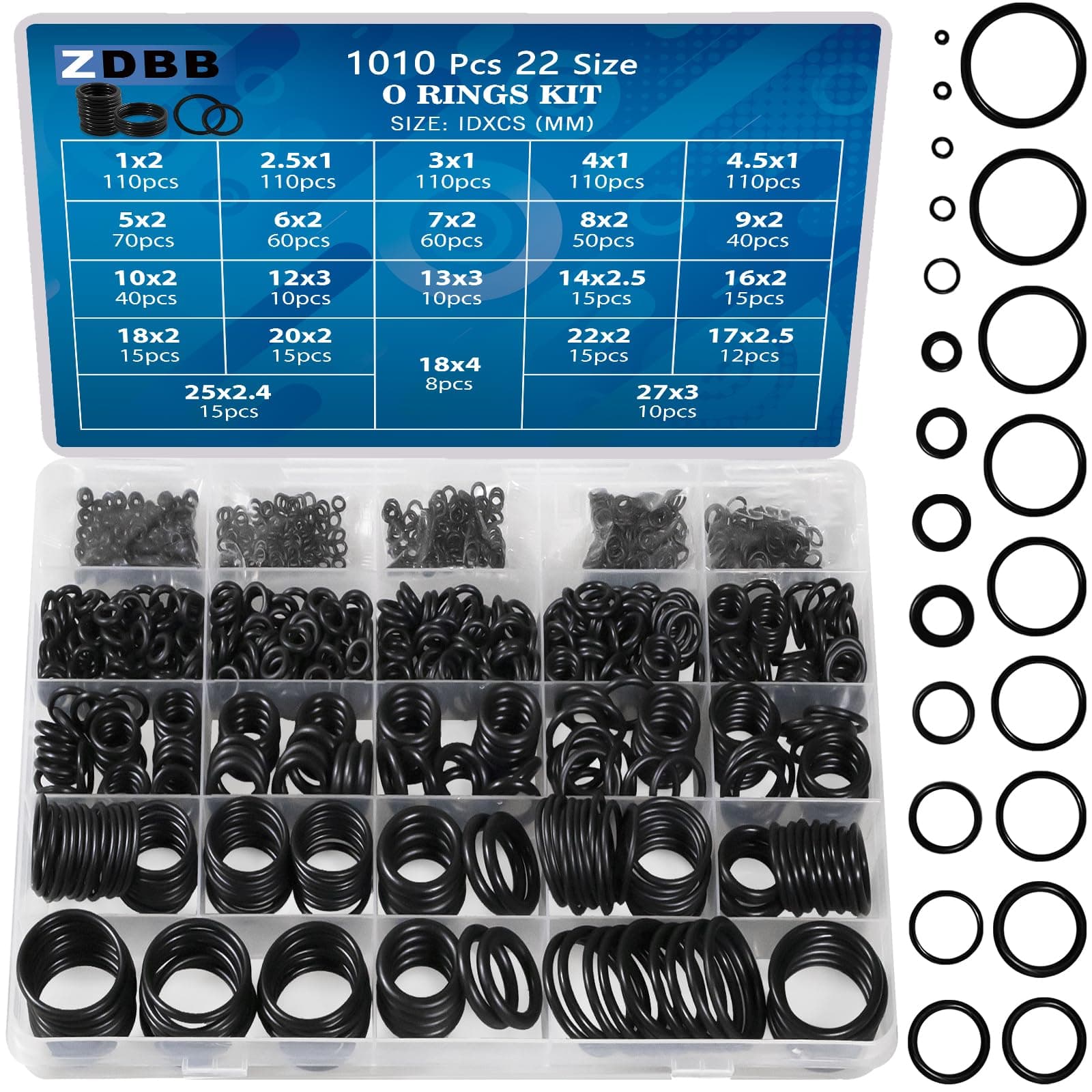 1010 Pcs Rubber O Rings Kit, 22 Size Metric O Rings