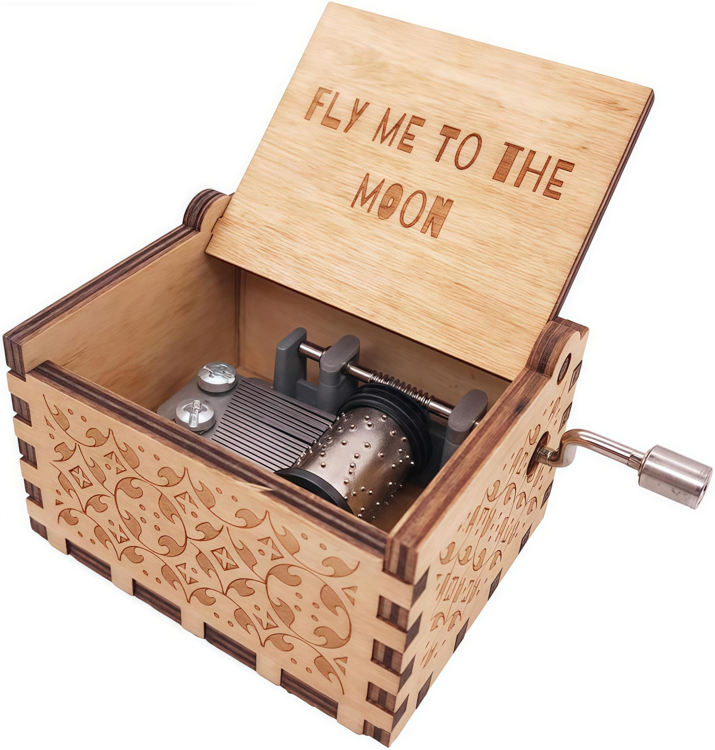 SIQI Fly Me to The Moon Music Box 18 Note Hand Crank Musical Box Engraved Wood Music Box Gifts, Plays Fly Me to The Moon