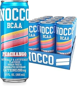 NOCCO BCAA Energy Drink PEACHANGO - 12 Fl Oz (Pack of 12) - 200mg of Caffeine, Sugar Free Energy Drinks - Carbonated & Low Calorie, BCAAs, Vitamin B6, B12, & Biotin - Grab & Go Performance Drink
