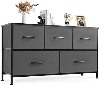 DUMOS Dresser for Bedroom, 5 Storage Drawers, Wide Fabric Closet Chests Organizer Tower Furniture with Wooden Top Metal Frame for Clothes, Guest Room, Living Room, Hallway, Entryway