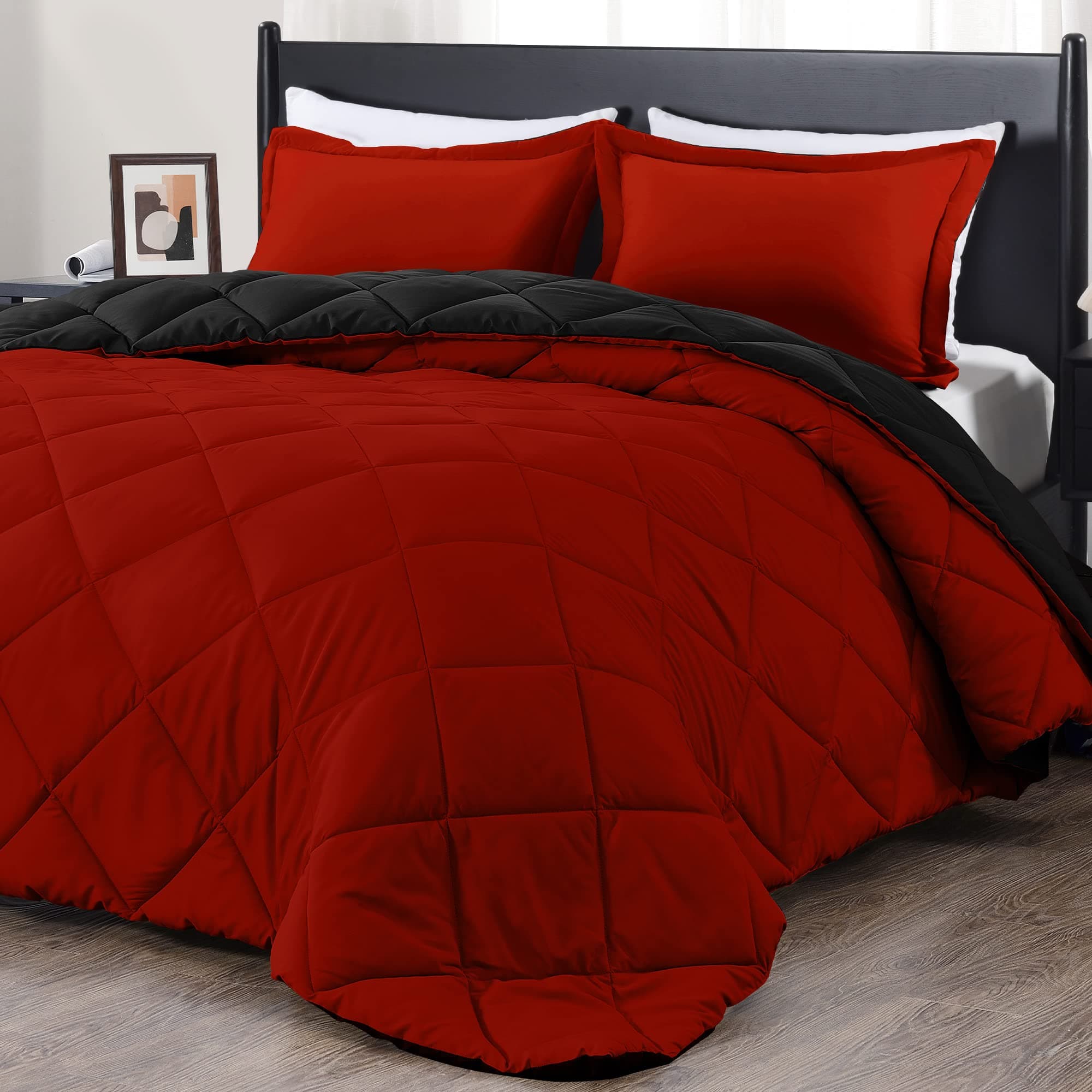 King Size Comforter Set - Red and Black King Comforter, Soft Bedding Sets for All Seasons - 3 Pieces - 1 Comforter (104"x92") and 2 Pillow Shams(20"x36")