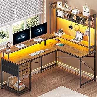 SEDETAL Shaped Desk with Hutch, Computer Desk with Drawers, L Shaped Gaming Desk with LED Lights, Power Outlet, 2 Fabric Drawers and Storage Shelves for Home Office, Brown