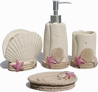 Beach Seastar and Shell Bathroom Accessories Set, 4 PCS Bathroom Decoration, Including Cup, Toothbrush Holders, Soap Dishes and Soap Dispenser, Home and Countertop Vanity Organize, New Home Gift