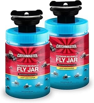 Catchmaster Fly Traps Outdoor 2-Pack with Airlock Lid for No-Mess Disposal, Pesticide-Free Hanging Fly Jars, Reusable Bug Catchers for Yard, Patio & Trash, Sets Up in Seconds