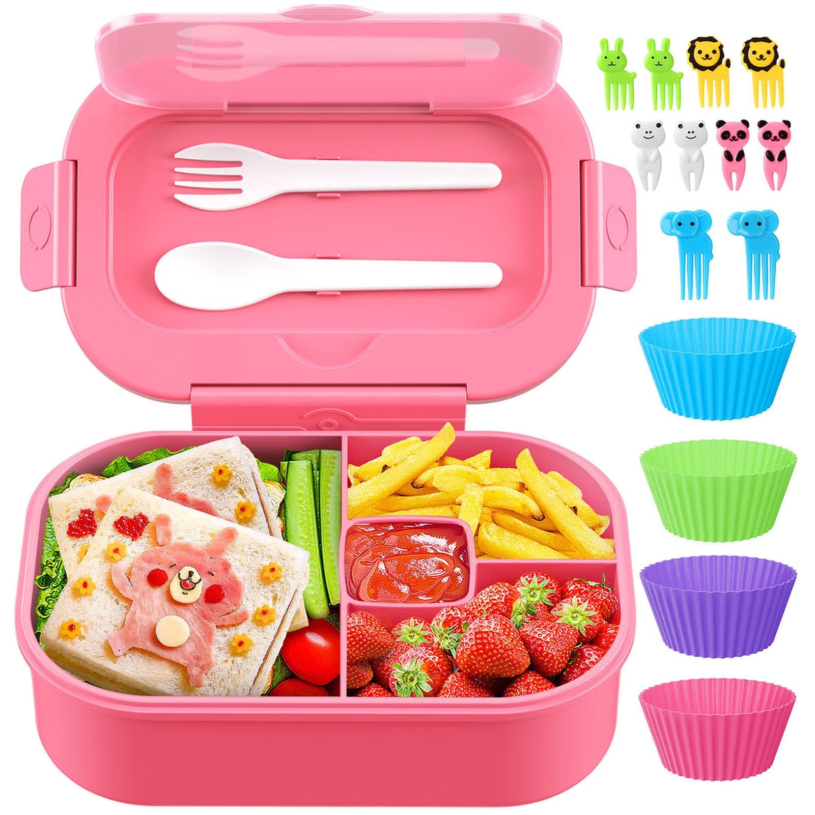 Bento Box, 44oz 4 Compartment Lunch Container with Cutlery for Kid/Adult/Toddler, Leak Proof, Microwave/Dishwasher/Refrigerator Safe, BPA Free (Pink)