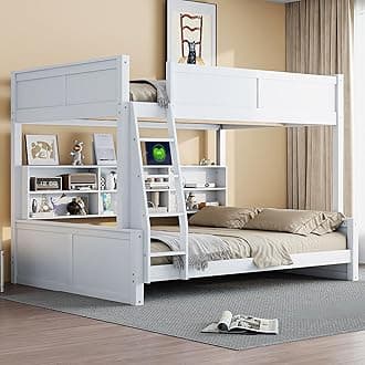 Bellemave Full XL Over Queen Bunk Bed for Kids/Adults,Bunk Beds with Charging Station and Bookcase,Solid Wood Bunk Beds Full XL Over Queen for Girls,Boys,Antique White