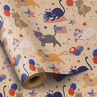 RUSPEPA Cat Wrapping Paper Roll, Mini Roll, American Cats with American Flags, Funny Cartoon Animal Kraft Gift Wrap for Patriotic Events, July 4th Celebration, 17 Inches X 16.4 Feet