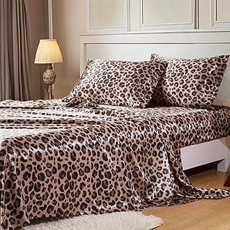 MR&HM Satin Bed Sheets with Elastic Corner Straps, Queen Size Sheets Set, 4 Pcs Silky Bedding Set with 15 Inches Deep Pocket for Mattress (Queen, Brown Leopard)