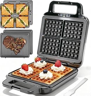 Belgian Waffle Maker with Removable Plates, Waflera Electrica, Large Waffle Iron, 3 in 1 Panini Grill Press Breakfast Sandwich Maker, Electric Griddle, Grilled Cheese Maker, Breakfast Station
