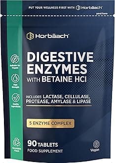 Horbäach Digestive Enzymes Supplements with Betaine Hydrochloride | Complex Providing Amylase, Lactase & Lipase | 90 Vegan Tablets | High Strength | by