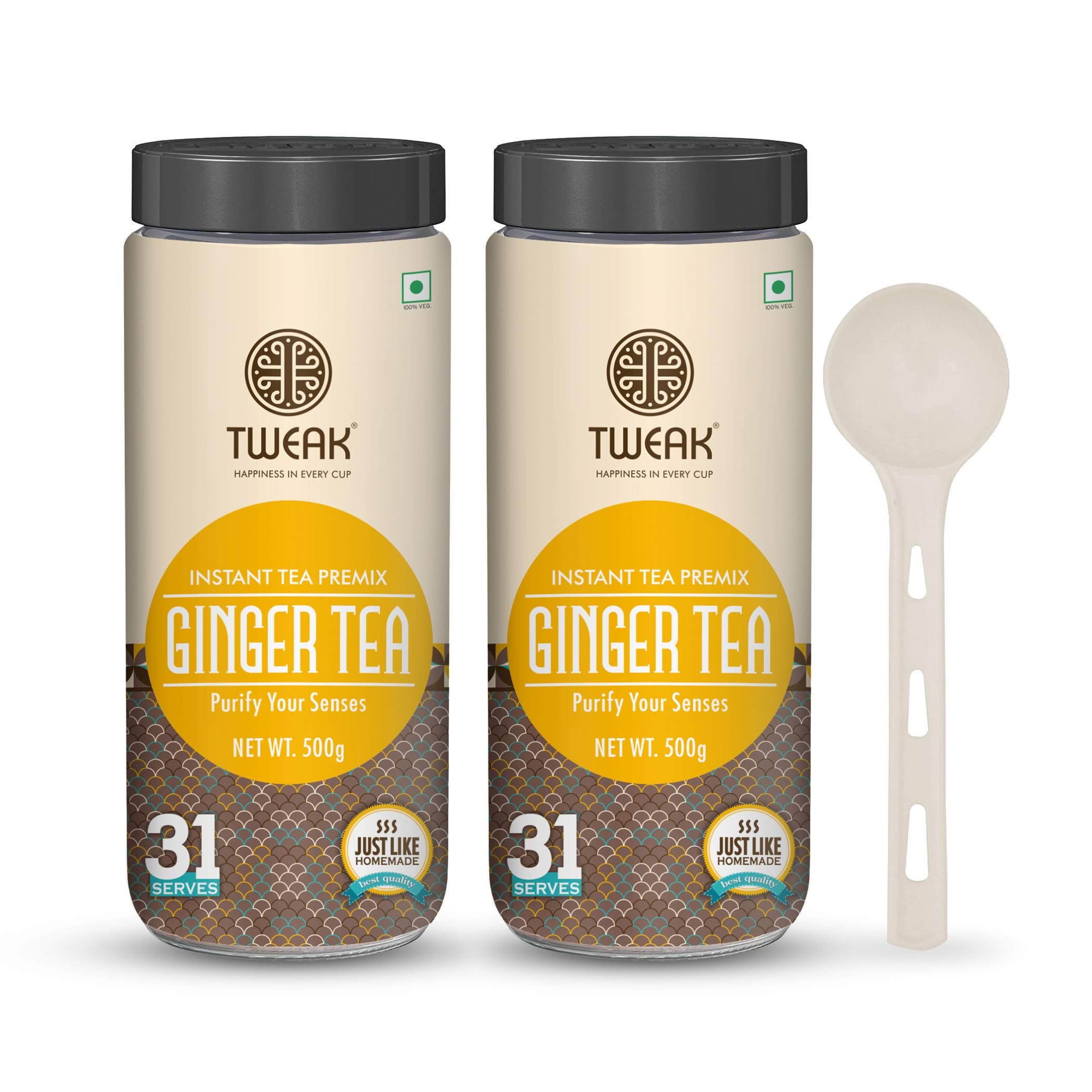 INSTANT GINGER TEA PREMIX 500g x 2 Jars | Premium Instant Ginger Chai | Ready-to-Drink Desi Chai | Instant Chai Mix with Milk & Sugar | Easy to Prepare Instant Tea | Super Saver Combo Instant Ginger Tea | Makes Approx 31 Cups of 100ml per Jar