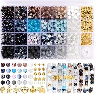 Funtopia 8mm Glass Beads, 992 Pcs Neutral Bracelet Making Kit, 24 Colors Round Assorted Glass Beads for Jewelry Making and DIY Crafts with Spacer Bead and Charms