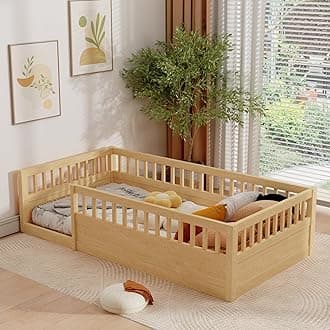 ROOMTEC Twin Size Montessori Bed with Fence, Toddler Floor Bed Frame with High Rails for Children Bedroom,Toddlers, Boys Girls, Kids Playroom, Natural