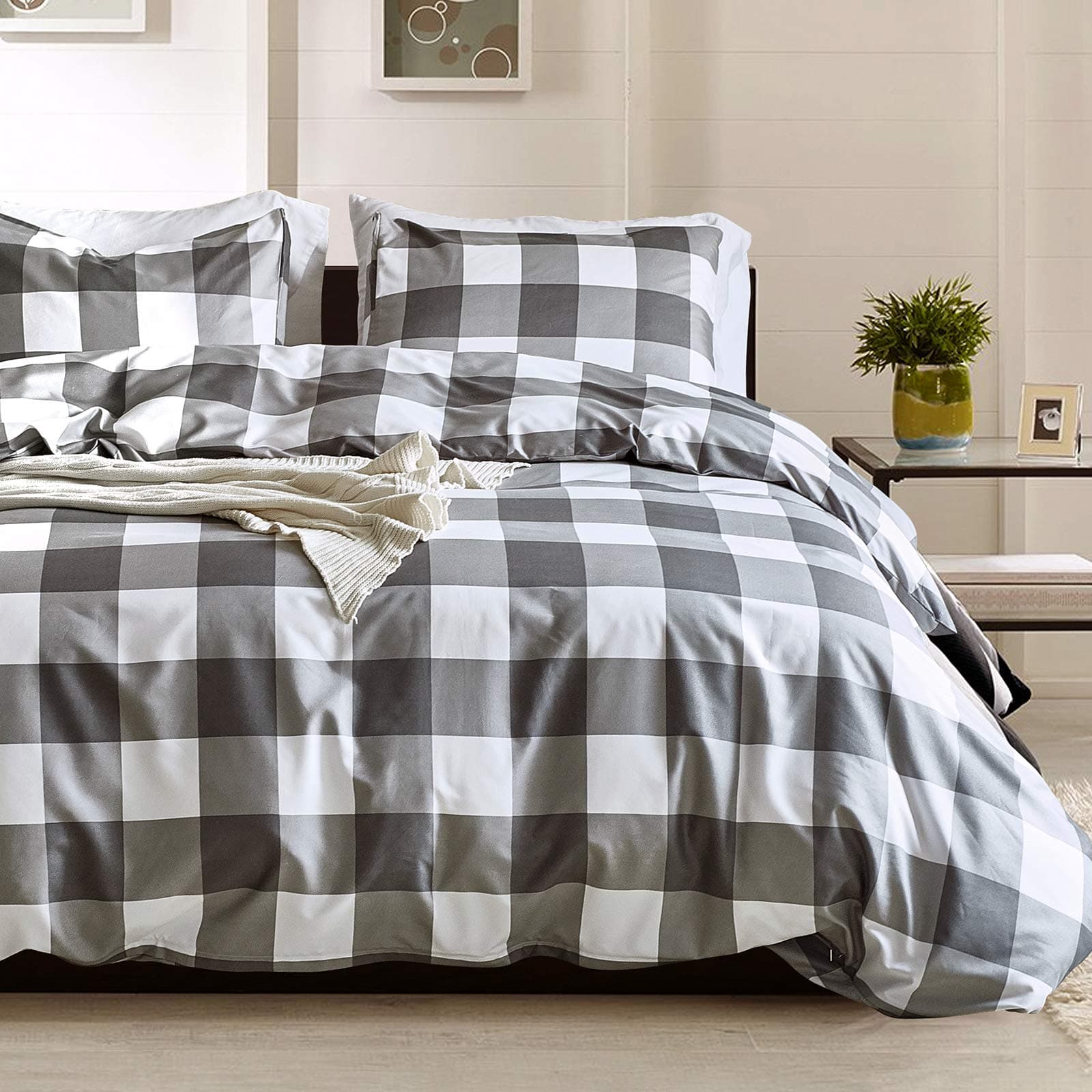 Argstar 3 Pcs Queen Duvet Covers, Buffalo Checked Bedding Set, Black Gray White Plaid Down Comforter Cover, Modern Style Quilt Cover, 100% Ultra Microfiber, 1 Duvet Cover and 2 Pillow Shams