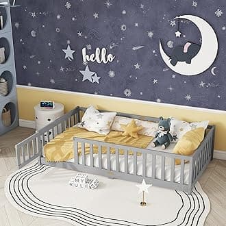 Twin Floor Bed with Safety Guardrails for Kids, Rubber Wood Montessori Bed with Slats and Convertible Door, Twin Size Bed Frame for Girls and Boys,No Box Spring Needed,Grey