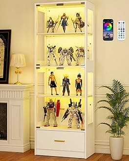 Glass Display Cabinet with Doors - Curio Cabinet with Dynamic LED Lights for Collectibles, 67" Display Case with 4 Tier and Drawer for Figure, Toys, Books, White(Narrow)