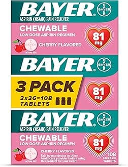 Bayer Aspirin Low Dose 81 mg Chewable Tablets, Pain Reliever, Cherry Flavored, 216 Tablets, 36 Count (Pack of 6)