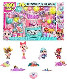 LOL Surprise Big Party With 4 Collectible Dolls, 40+ Surprises, 100 Value, 6 Unboxing Experiences, Fashions, Sand, Gel Crush, Shell Smash, Fluff, Party Confetti, Crunch Beads, Gift for Girls