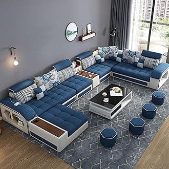 Furnista Modern Luxury 7 Seater Modular Fabric Sofa Furniture Set Multifunctional Living Room Home Corner Couch U Shaped Sectional Sofa (Blue)
